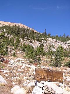 Trail sign to Edna heading up to Toxaway Divide - looking up at Payette Peak