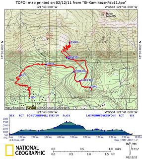 2/12/11 Mt Si trailhead to Kamikaze Falls. 
9.6 miles approx (GPS died again) 
2429 feet max elevation 
2441 feet climbing 
690feet parking lot 
6.5 hours car to car