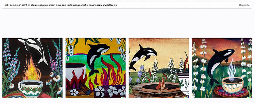 native american painting of an orca jumping from a cup on a table over a campfire in a meadow of wildflowers