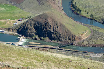 View down to the Roza dam and the railroad bridge