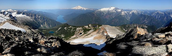 View of our whole route  down the Blum's northwest ridge to North Blum Lake at right center, then the ridge down to Blum creek in center, and Baker Lake where we started.