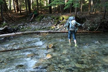 Fording Fisher Creek, very relived to be almost back on the trail