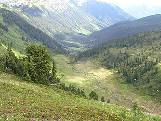 Looking down (east) to Meandering Meadows