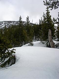 The ridge with hard consolidated drifted deep snow. I booted most of the way, but finally had to put crampons on as it steepened.