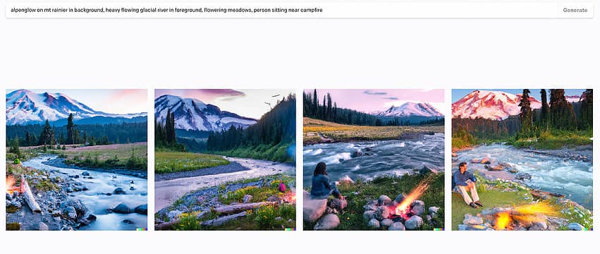 alpenglow on mt rainier in background, heavy flowing glacial river in foreground, flowering meadows, person sitting near campfire