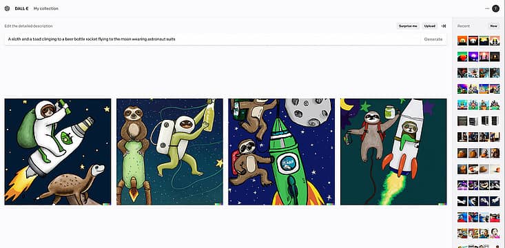 a sloth and a toad clinging to a beer bottle rocket flying to the moon wearing astronaut suits