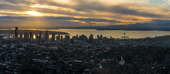 Aerial Seattle Golden Sunset Pano