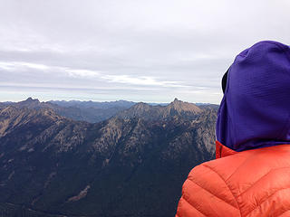 Andrea gazing at the Pasayten with Azurite (left) and Golden Horn (right) in the foreground