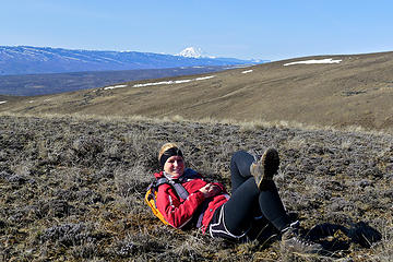 Asia relaxes with Mt Rainier in the background