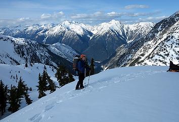 Mike ascending Sourdough with Prophet Range behind