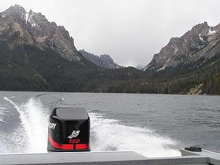 Leaving the Sawtooths via water taxi down lake