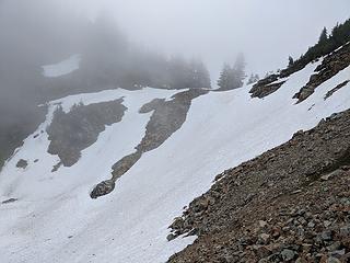 View of the saddle. We chose the rocky channel to ascend.