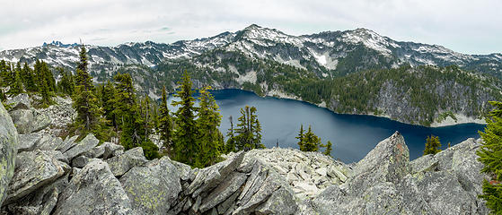 Panorama northwest from St Agnes Ridge. Includes Chimney Rock and Overcoat (over the horizon), Iron Cap-Wild Goat ridge, Tourmaline, Camp Robber Angeline Lake below, Chetwoot Lake peeking throught the gap