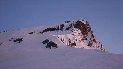 View of the remaining route up the SW ridge with the crux gully visible