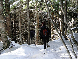 Hikers heading down the trouble section not having a lot of trouble but going slow without traction devices.
