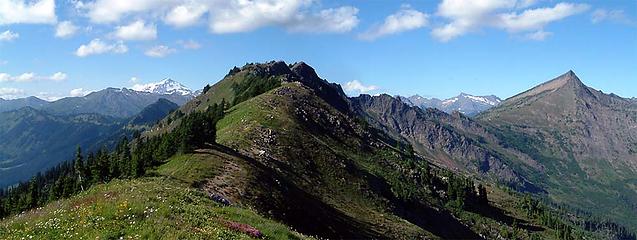 Glacier Peak-Whittier Peak Pano as seen from the ridge between Longfellow Mtn. and Poe Mtn.