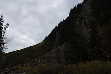 source of the 3 year-old rockfall is cliff in upper right. Sorry about the underexposed pic.