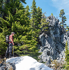 We reached the east ridge of Galleon North just below the summit. At first this rocky point looked like it might block us, but it was no problem to pass on the left.