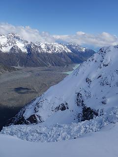 Looking down the Hochstetter icefall with Tasman Lake in the distance