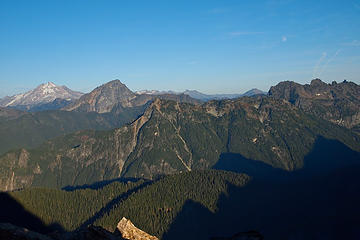 Glacier and Sloan with the moon rising in the afternoon