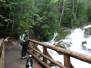 Izzy, Gus and Elle on bridge crossing the creek