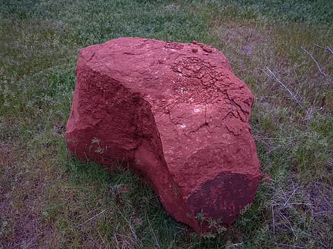 An almost fluorescent boulder of the Chinle formation, resting on green grass.