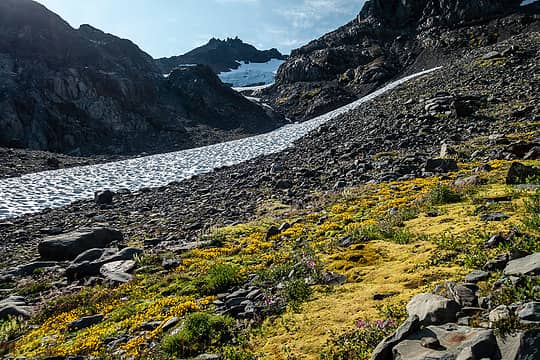 heading toward e lobe of fairchild glacier; our route went up left and around the snowfield