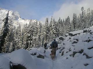 Barry and Eric with Gus heading towards Snow Lake