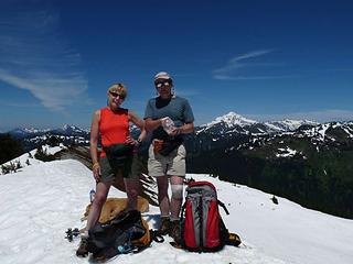 Driver, Barry and Gus with Glacier behind on summit of Bench Mark