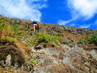 Heading up the loose rock