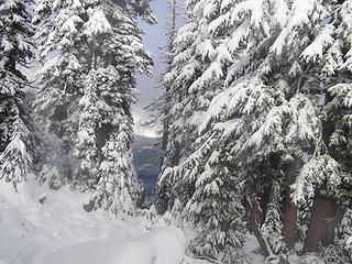 First peek of Snow Lake as we drop over the saddle