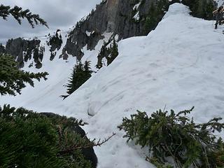 Crack in the snow along the ridge at point of avi