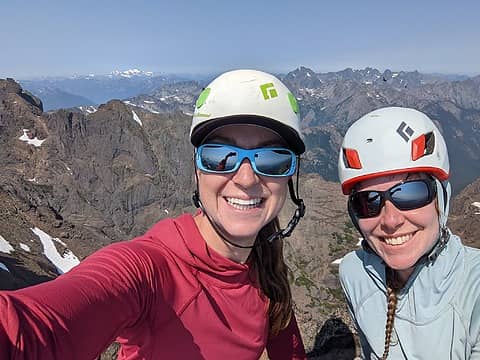 happy mountain ladies on the summit
