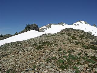 Beginning of loose scree, talus, and ragged S.E. ridgeline