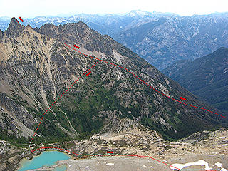 Annotated photo of our route up Tupshin and then to Devore Lakes (taken from Devore)