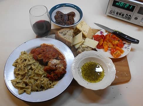 farfalle with pesto and an eggplant thing 04/25/23