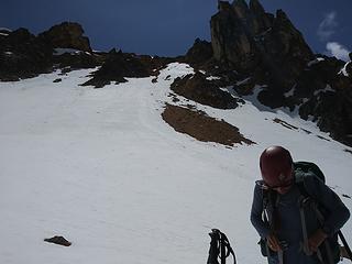 Ridge access just left of the gendarme.  Mix of snow and really bad scree.