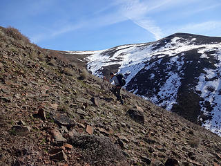 Leaving the canyon and walking the final slopes to the top of the ridge.