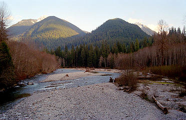 View from the Cascade River bridge, ascent ridge at right, descent ridge at left