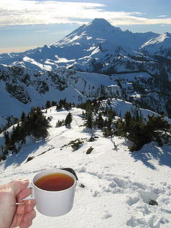 Summit tea - looking back to Baker and our approach