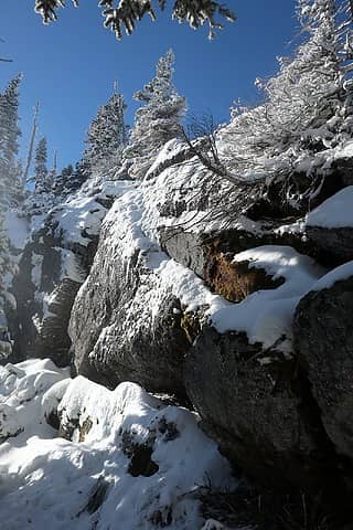 Stefan slipped off the top of this rock and landed on the snow a dozen feet below, luckily uninjured.
