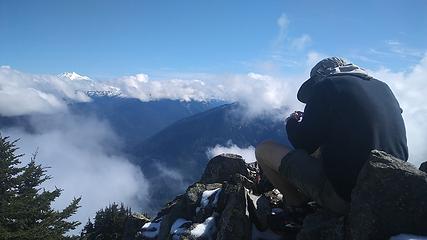 Summit of Mt. Forgotten as the clouds have started to uncover Glacier Peak. Fun scramble!