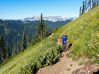 Jake working up the trail, Monte Cristo peaks in the back