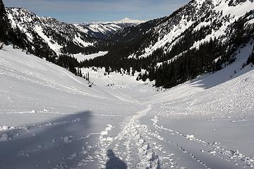 Looking back down Surprise Gap to Glacier Lake, and out to Glacier Peak.