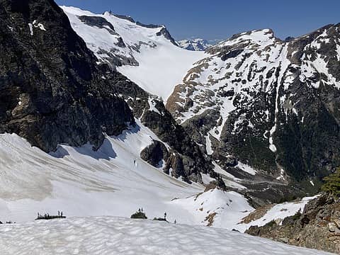 Looking down from Styloid to the DP N couloir access around 6000'