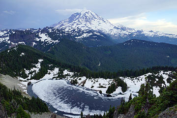 Mt Rainier and ice in Eunice Lake below.