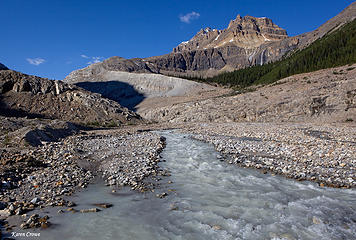 The route, up the grey morraine, along the ridge, and traversing over top of waterfalls