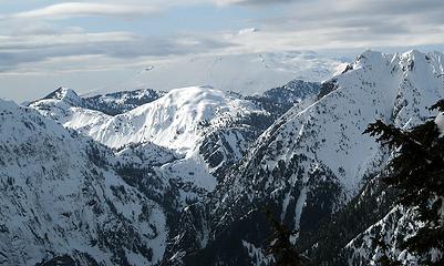 Baker and Andham peaks through the Bacon/Berdeen gap (headwaters of Bacon Creek)