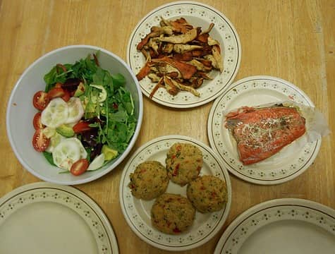wild coho filet, crab cakes, chicken-of-the-woods, and salad 08/15/21