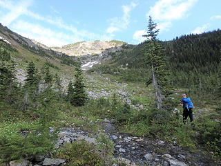 Heading up meadow gully...